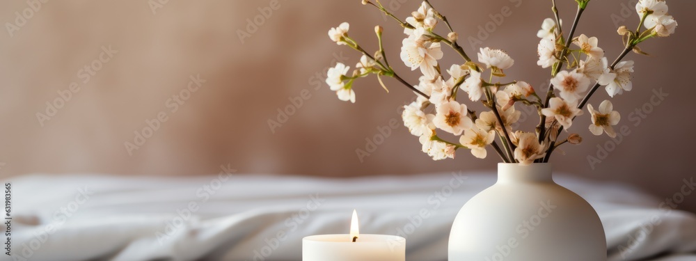 A scented candle on a white table with vases on a modern minimalist background