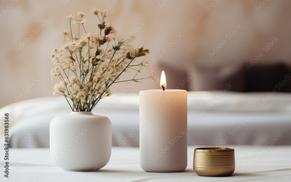 A scented candle on a white table with vases on a modern minimalist background