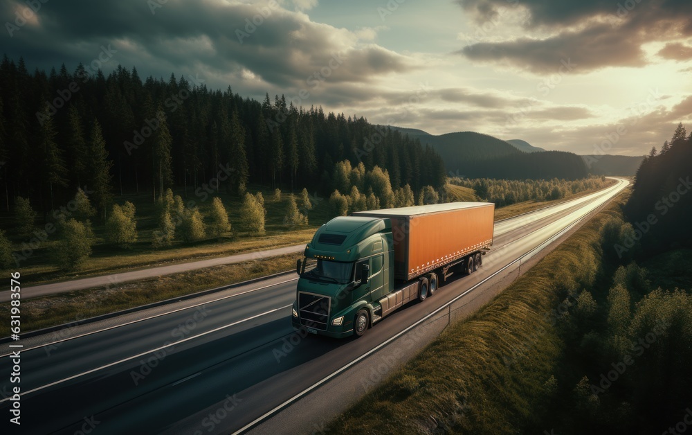 A semi truck drives along the highway , carrying vital freight to businesses and consumers