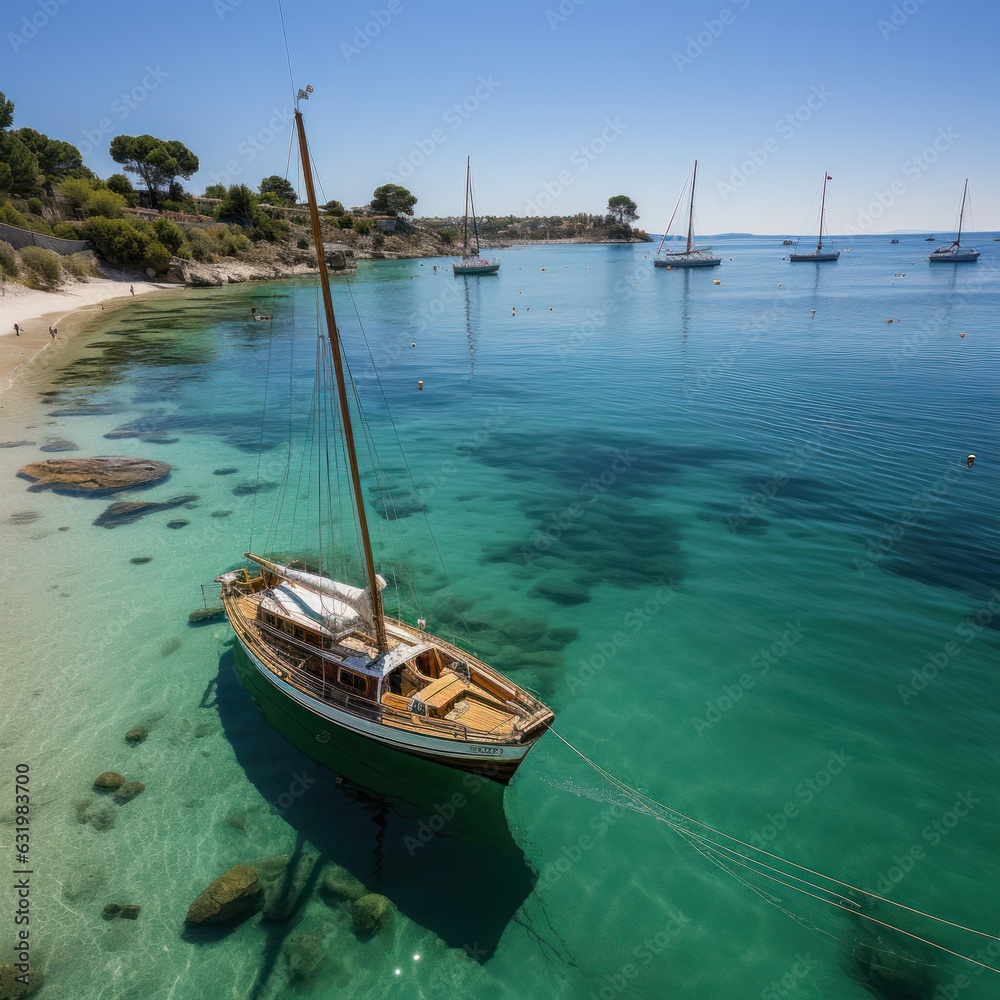 Aerial view of a luxury Sailboats in clear tropical blue water