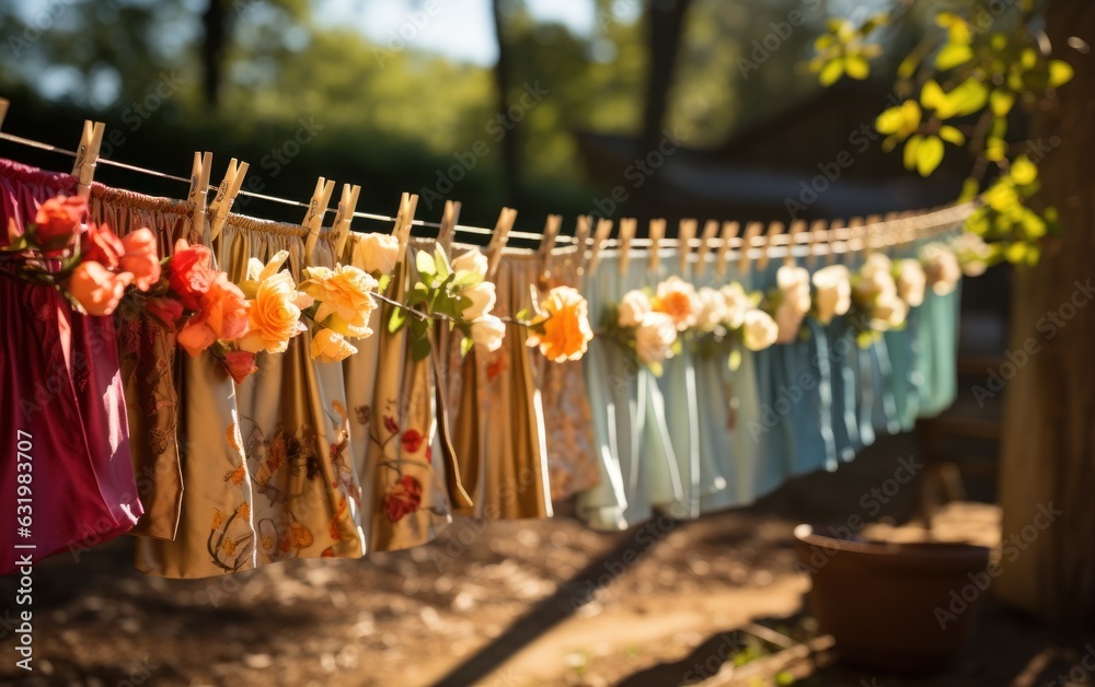 After being washed, childrens colorful clothing dries on a clothesline in the yard outside in the su