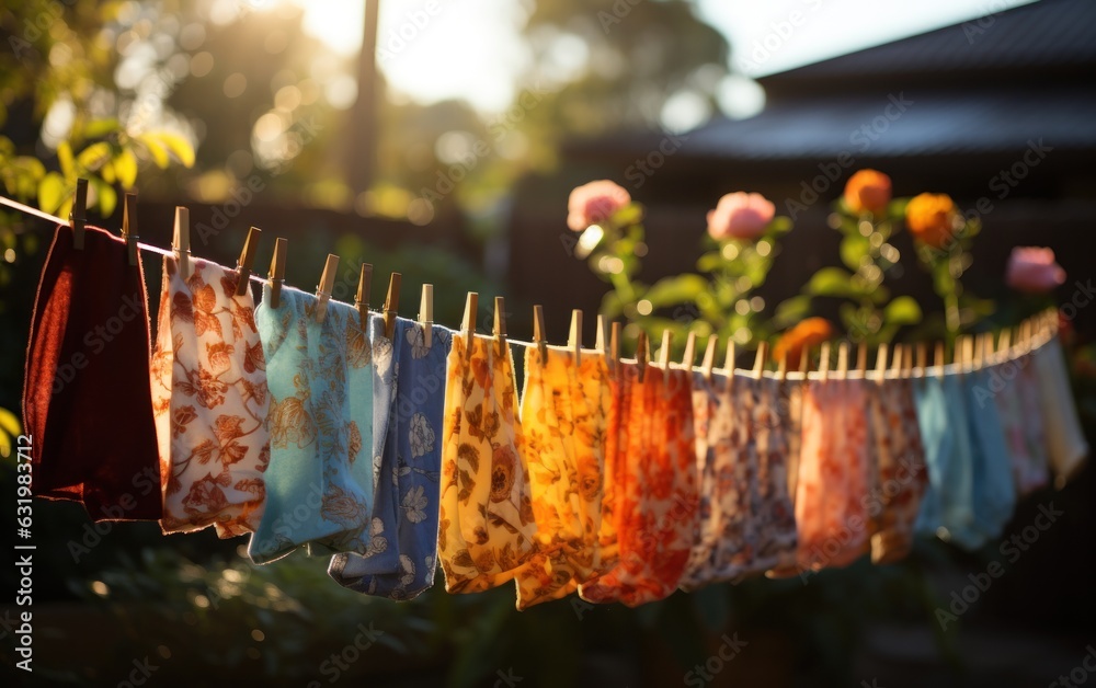 After being washed, childrens colorful clothing dries on a clothesline in the yard outside in the su