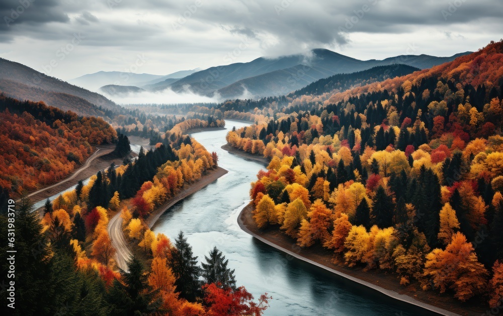 Aerial view of the autumn trees in Vermont. Fall landscape forests in red, orange, and yellow. Leave