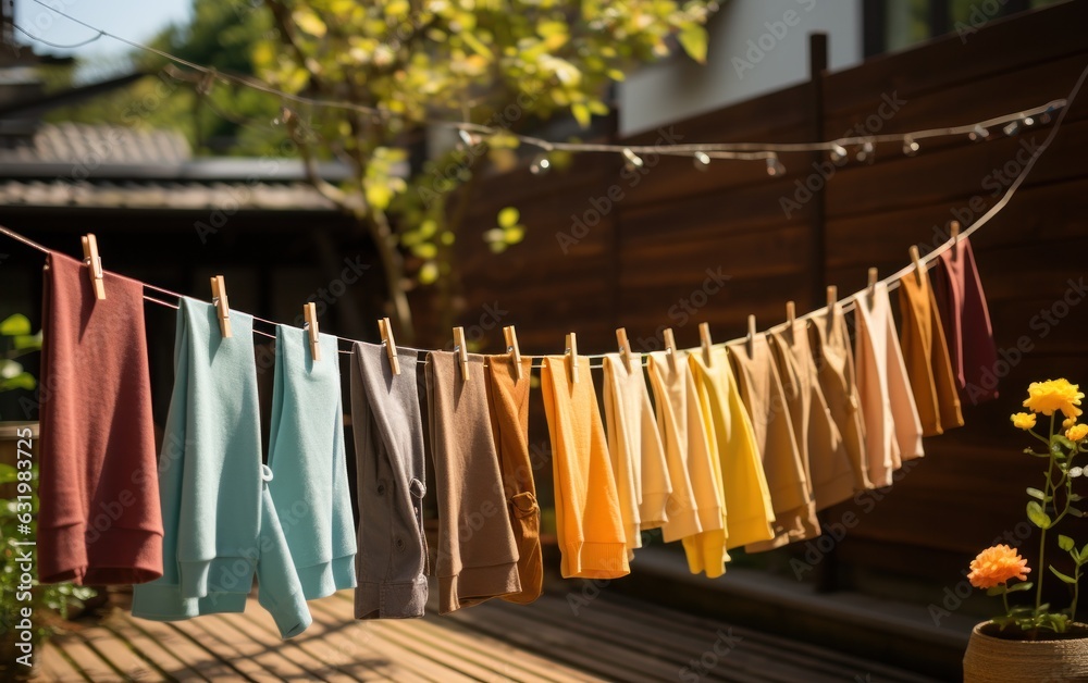 After being washed, childrens colorful clothing dries on a clothesline in the yard outside in the su