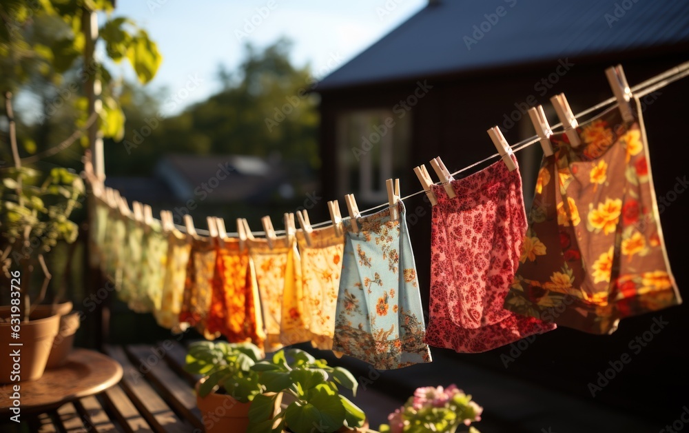 After being washed, childrens colorful clothing dries on a clothesline in the yard outside in the su