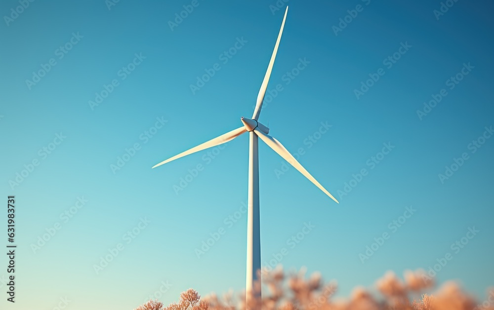 An elegant image of wind turbine against a blue, minimalistic background with copy space