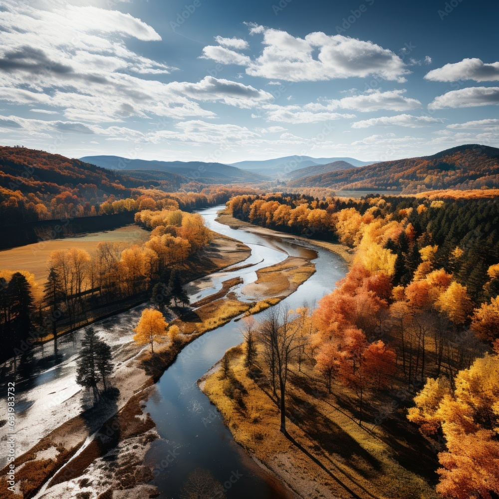 Aerial view of the autumn trees in Vermont. Fall landscape forests in red, orange, and yellow. Leave