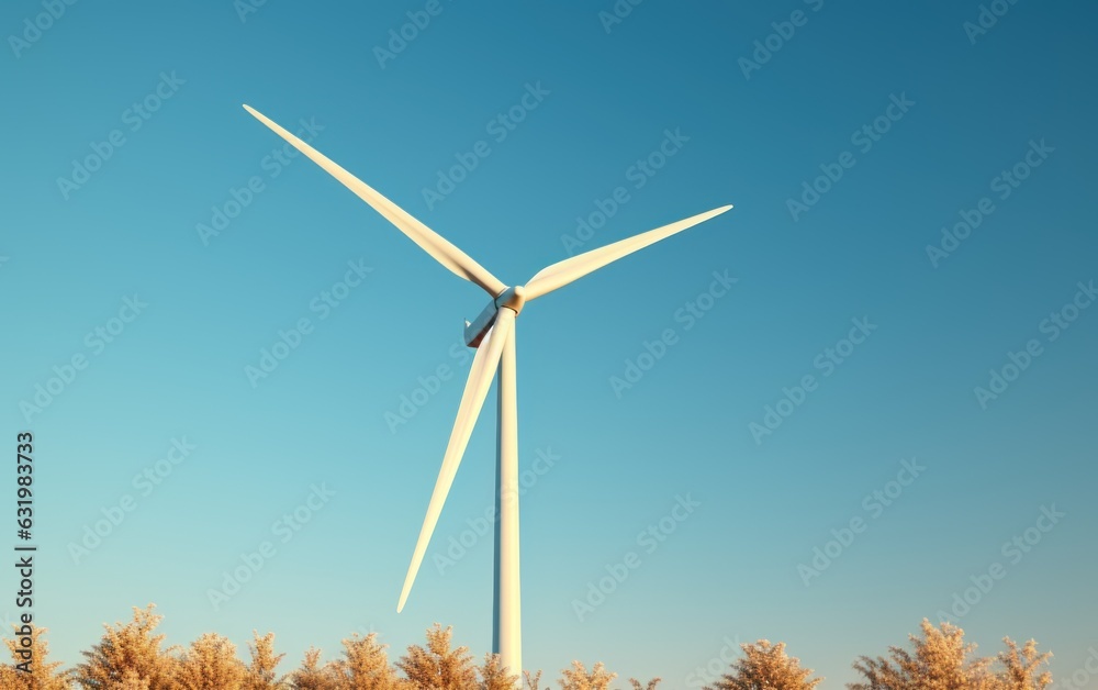 An elegant image of wind turbine against a blue, minimalistic background with copy space