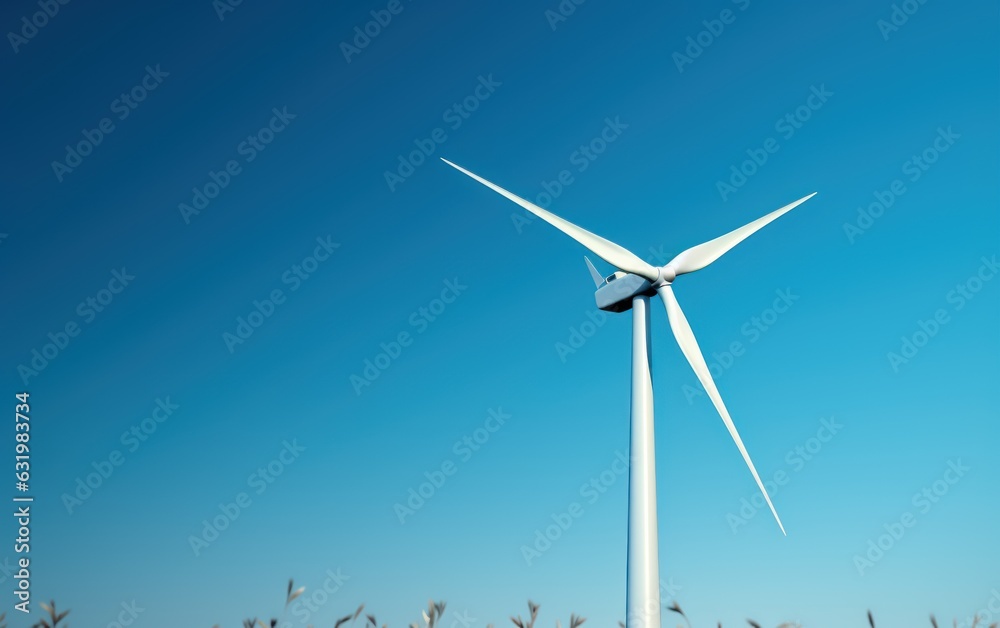 An elegant image of wind turbine against a blue, minimalistic background with copy space