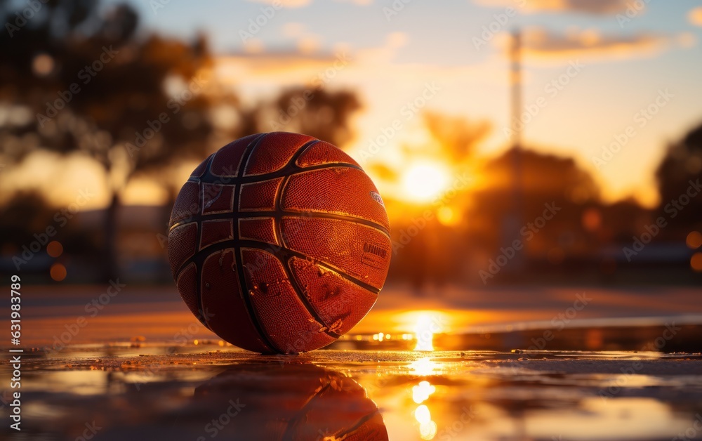 basketball hoop in sunset light.