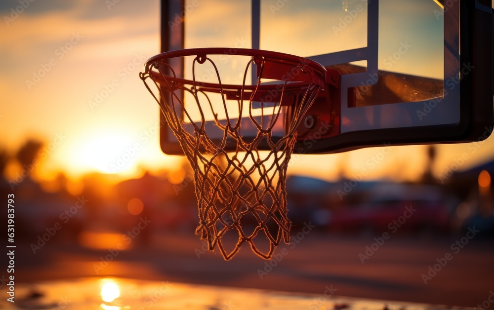 basketball hoop in sunset light.