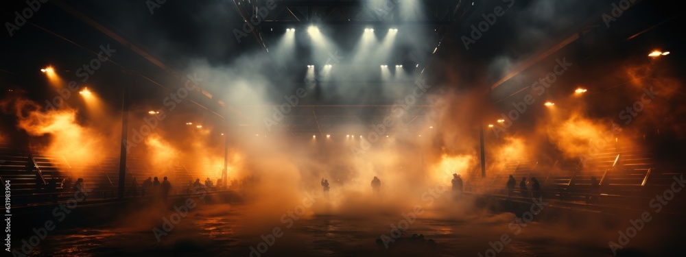 Bright stadium arena lights and smoke.