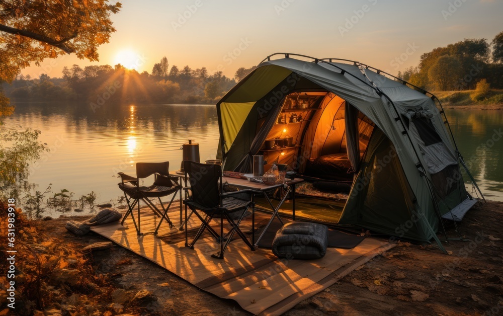 Carp fishing tent and rods on background of lake or river and nature in the morning.