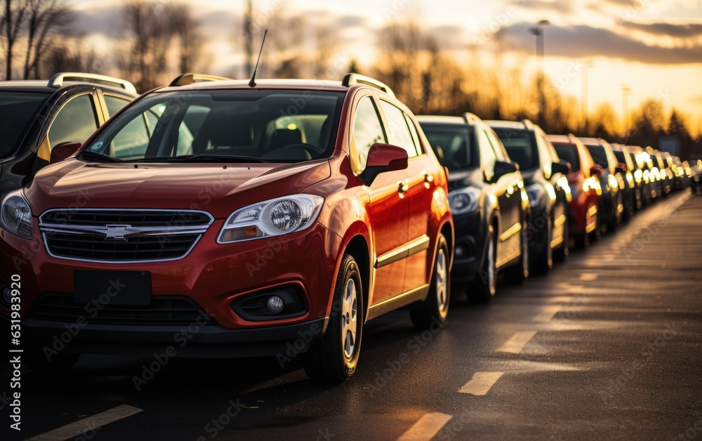 Cars for sale stock lot. Car dealer inventory. White Light.