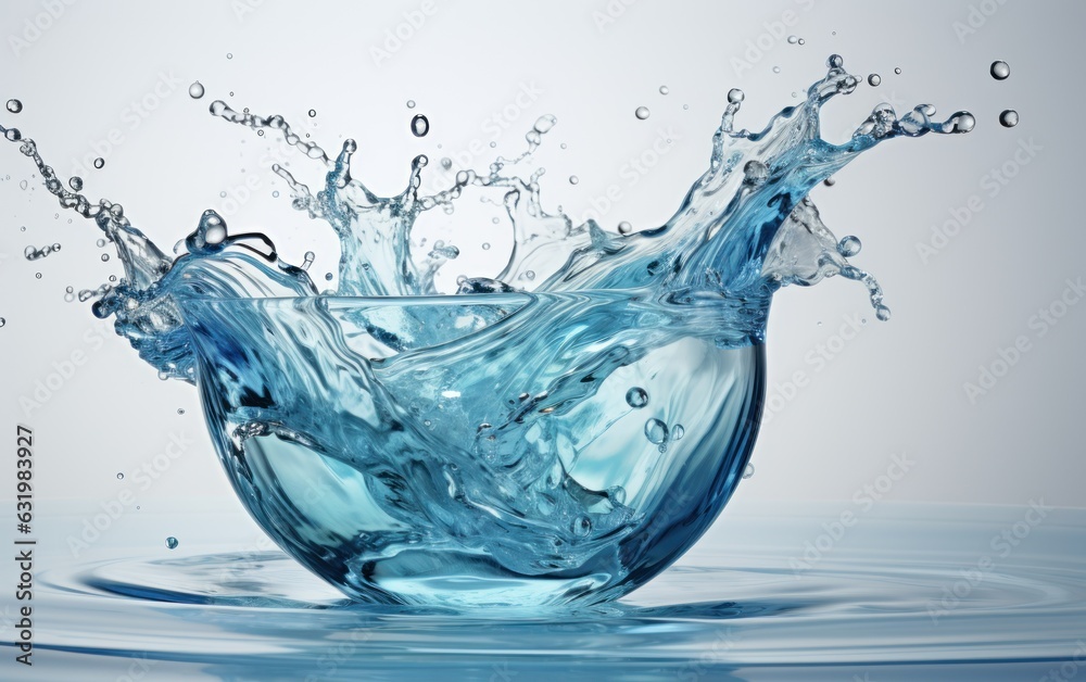 close up of water jet flowing from glass jug. White background.