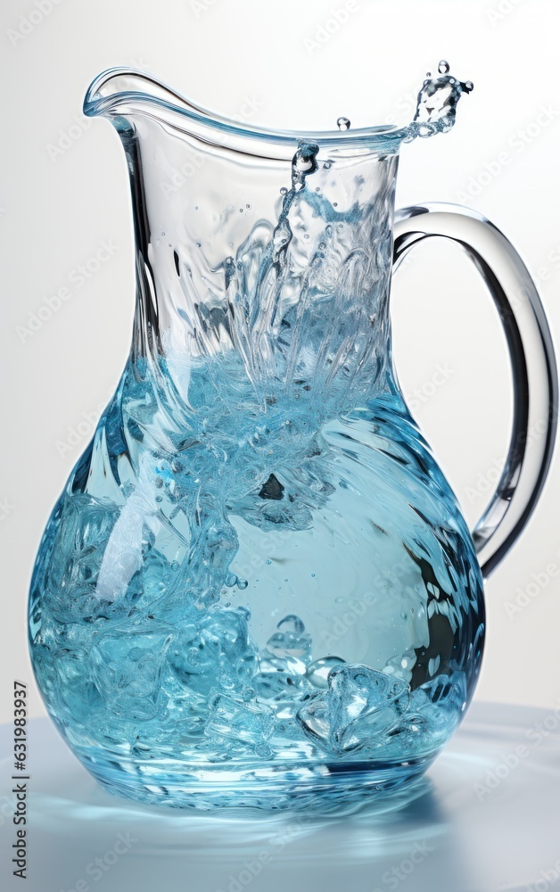 close up of water jet flowing from glass jug. White background.