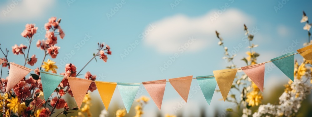 colorful pennant string decoration in green tree foliage on blue sky.