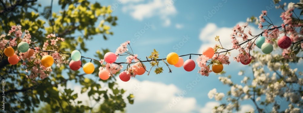 colorful pennant string decoration in green tree foliage on blue sky.