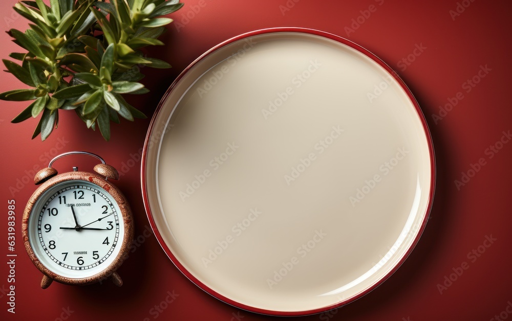 Concept of intermittent fasting, showing an empty plate and a clock