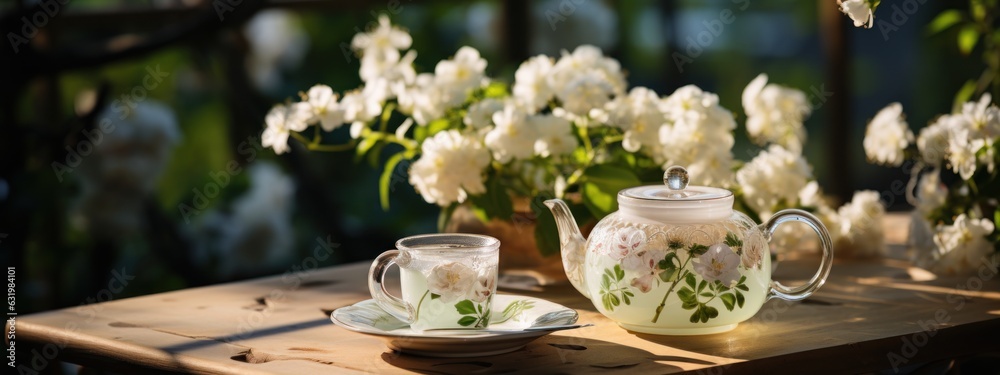 Elegant glamour table setting outdoor in the garden. White porcelain cups, teapot with herbal tea