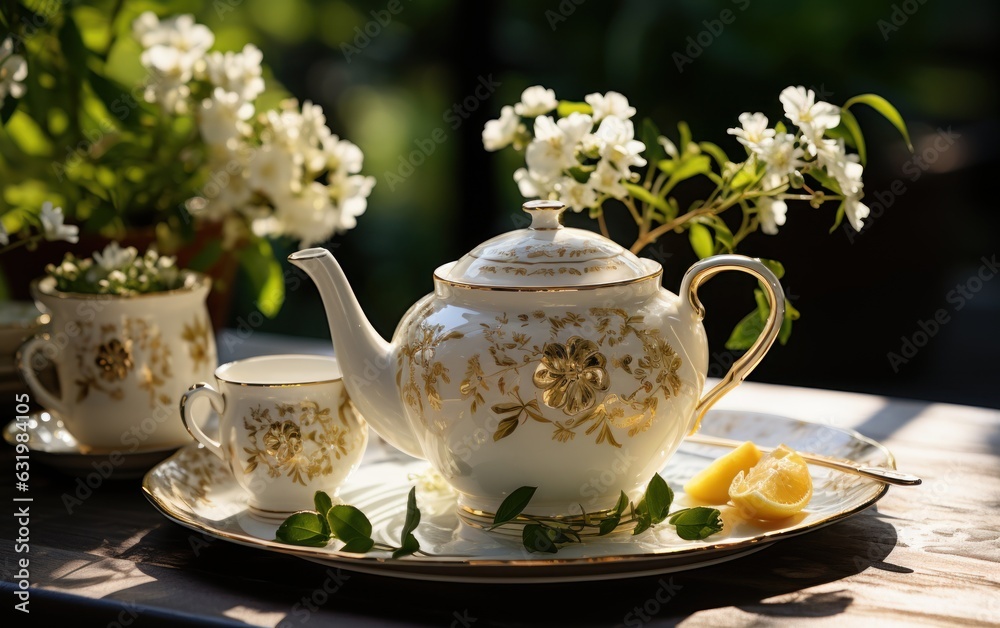 Elegant glamour table setting outdoor in the garden. White porcelain cups, teapot with herbal tea