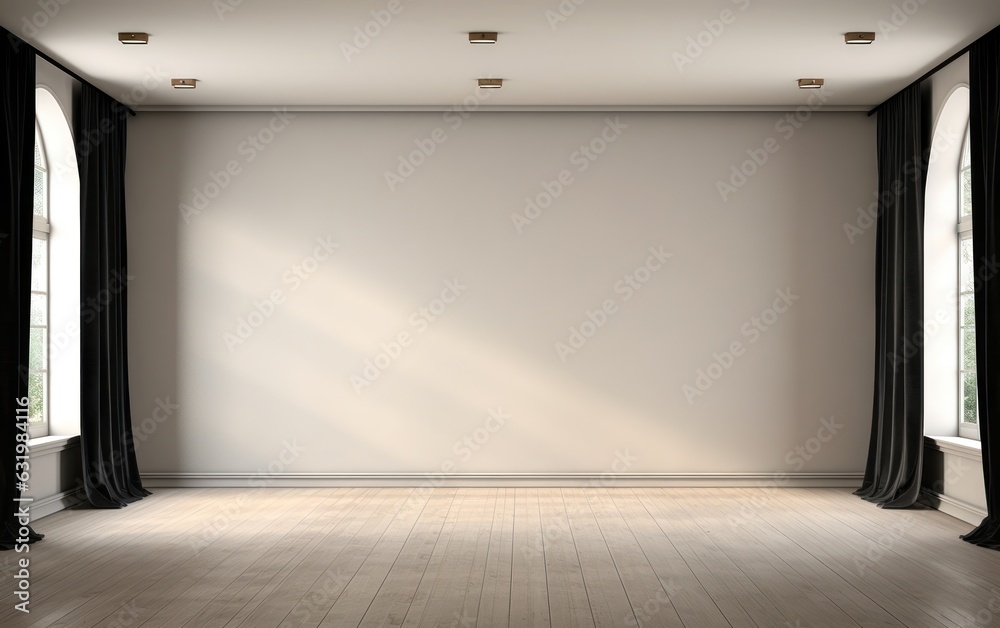 Empty room with blank cream white wall, black blackout curtain window