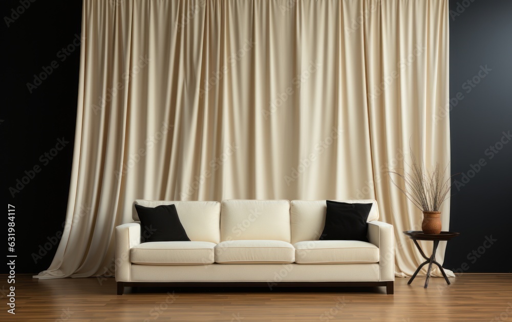 Empty room with blank cream white wall, black blackout curtain window