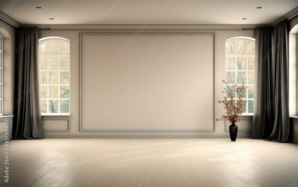 Empty room with blank cream white wall, black blackout curtain window