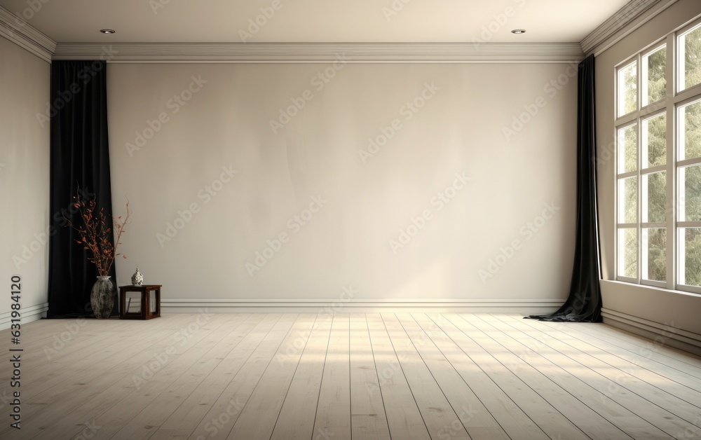 Empty room with blank cream white wall, black blackout curtain window