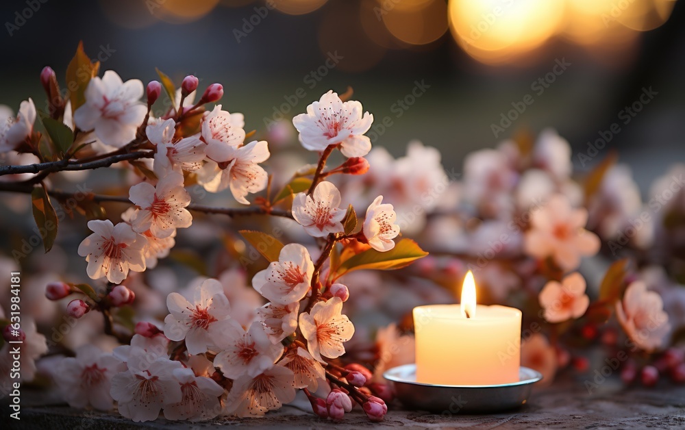 flowering tree in spring with burning white candles decoration on blurred garden background