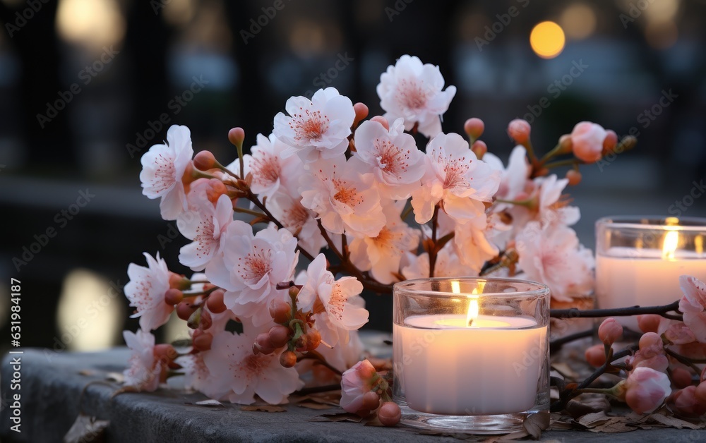 flowering tree in spring with burning white candles decoration on blurred garden background