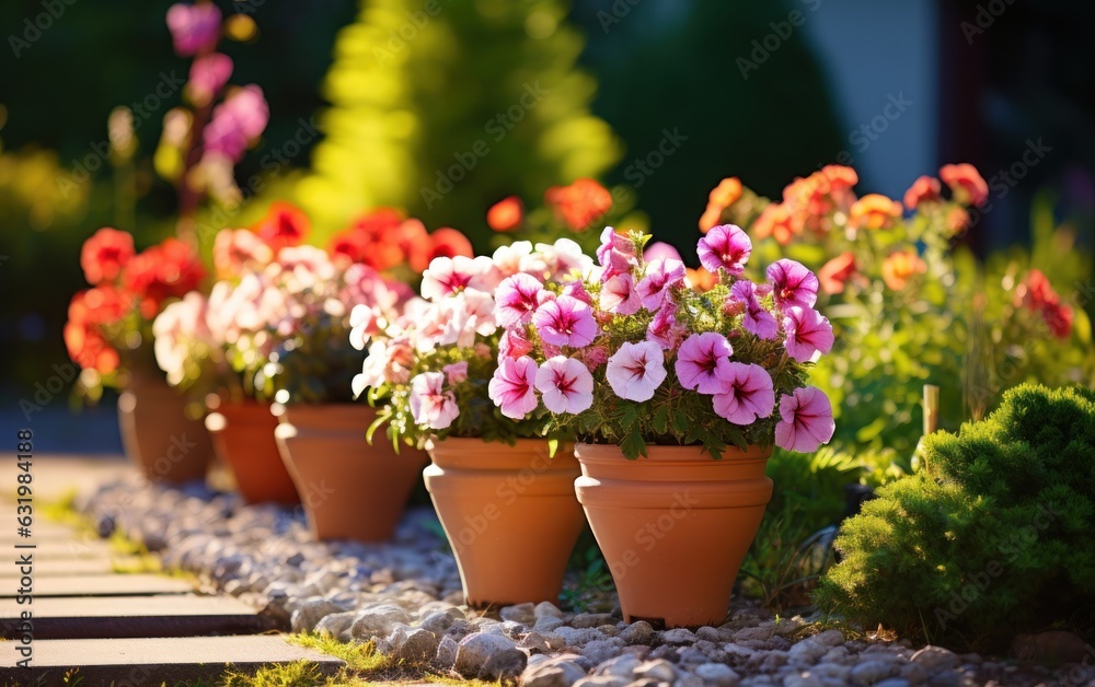 Flowers in pots in the garden