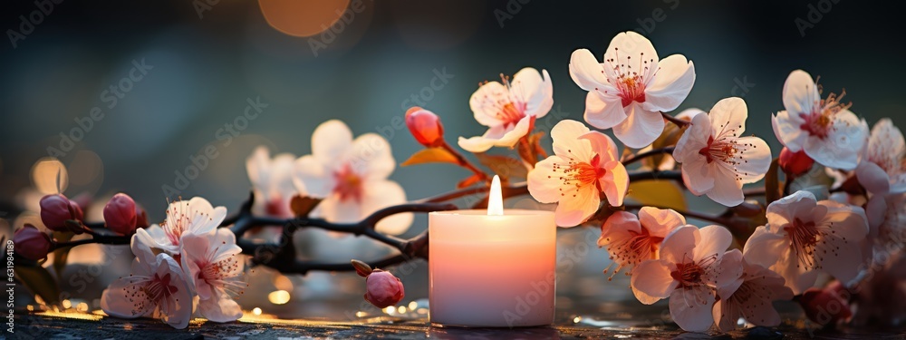 flowering tree in spring with burning white candles decoration on blurred garden background