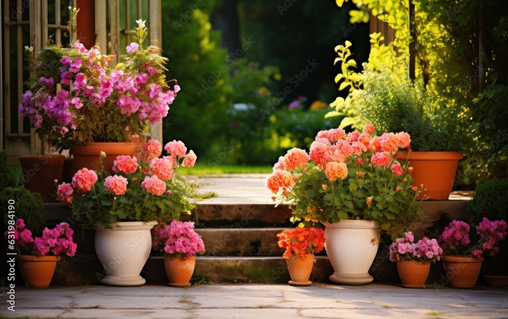 Flowers in pots in the garden