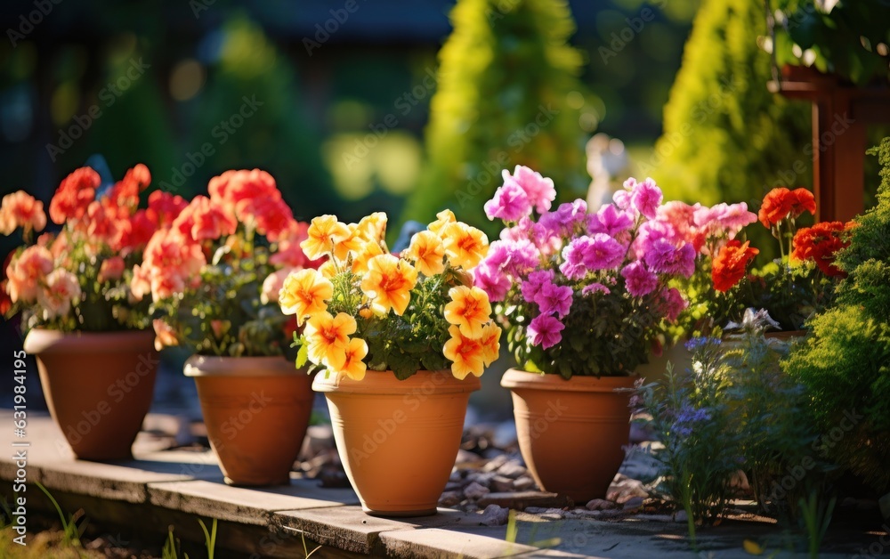 Flowers in pots in the garden