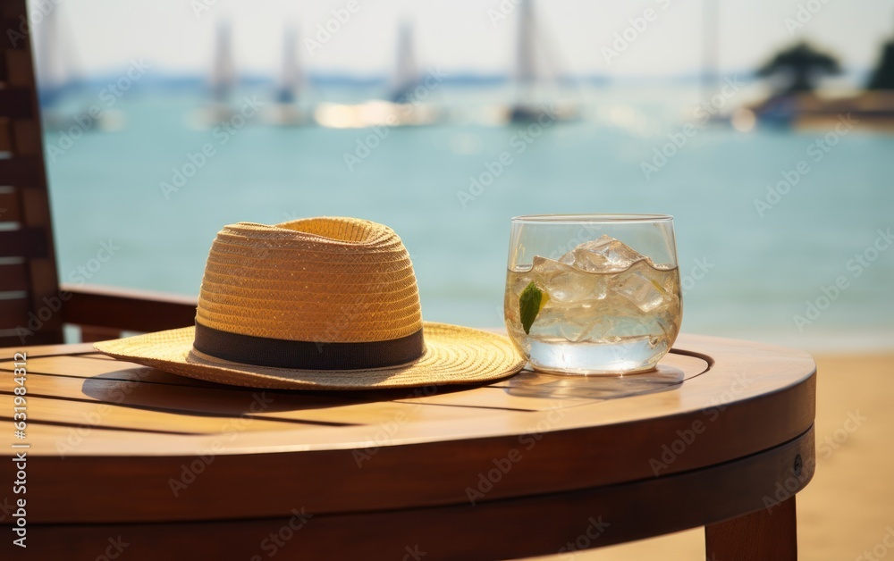 glasses of water with hat on barrel at hotel beach