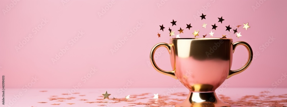 Gold cup with stars on pink background. Flat lay, top view, copy space.