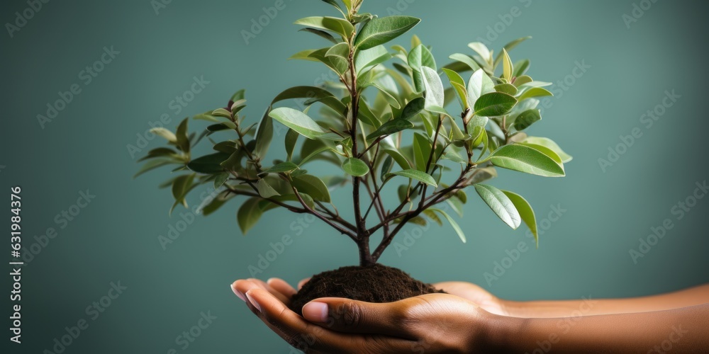 Hand gently holding a green plant. Harmonious pastel earth tones, single color blank background