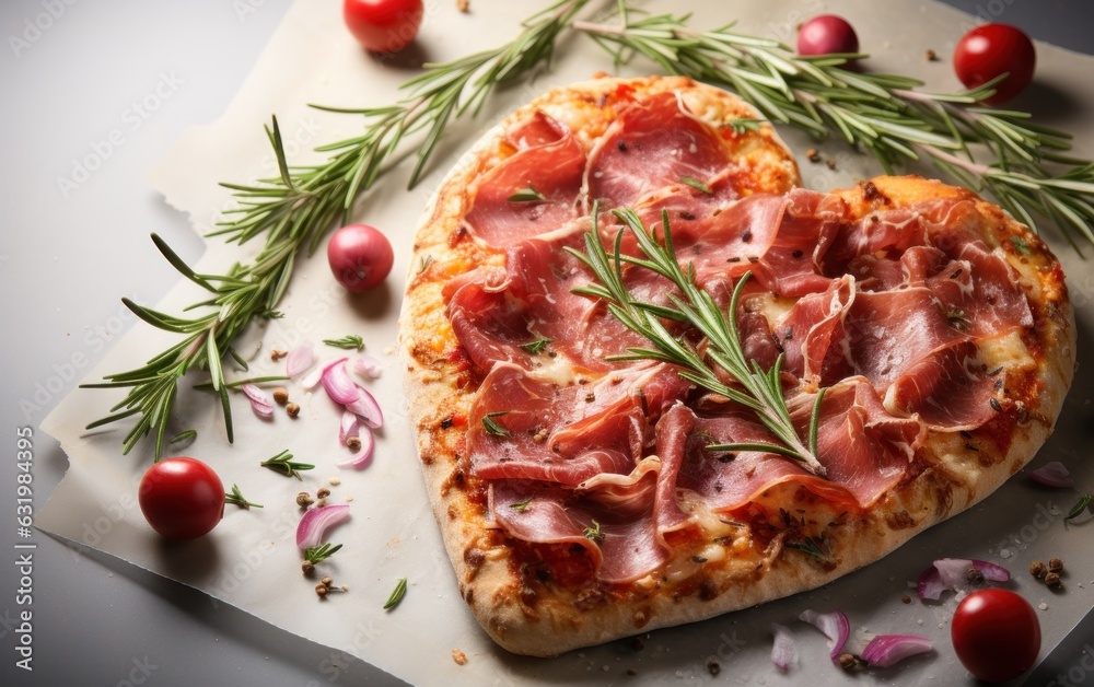 Heart pizza. Pizza with ham and rosemary isolated. White Background