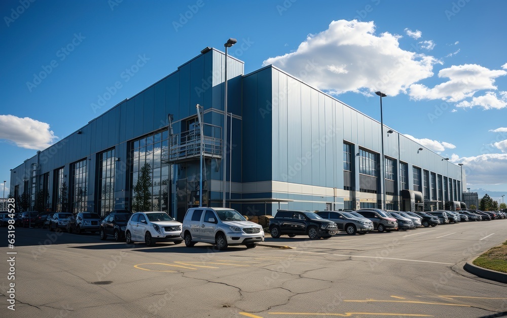 logistics center, warehouse, or large retail store under a blue sky.