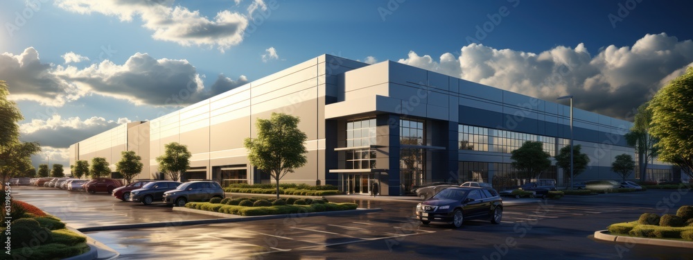 logistics center, warehouse, or large retail store under a blue sky.