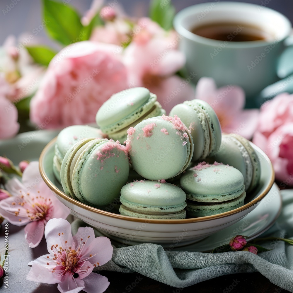 Mint green macaroons with pink peony flower. Mood board flat lay.