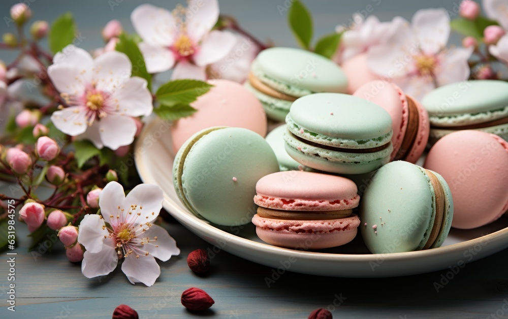 Mint green macaroons with pink peony flower. Mood board flat lay.