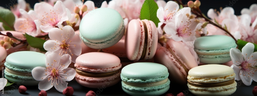 Mint green macaroons with pink peony flower. Mood board flat lay.