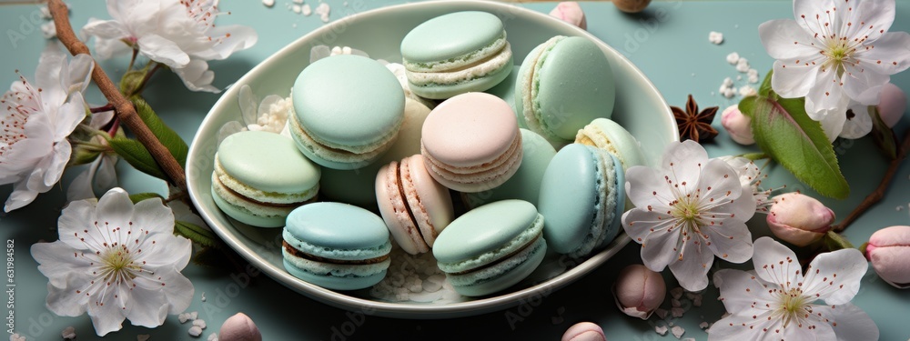 Mint green macaroons with pink peony flower. Mood board flat lay.