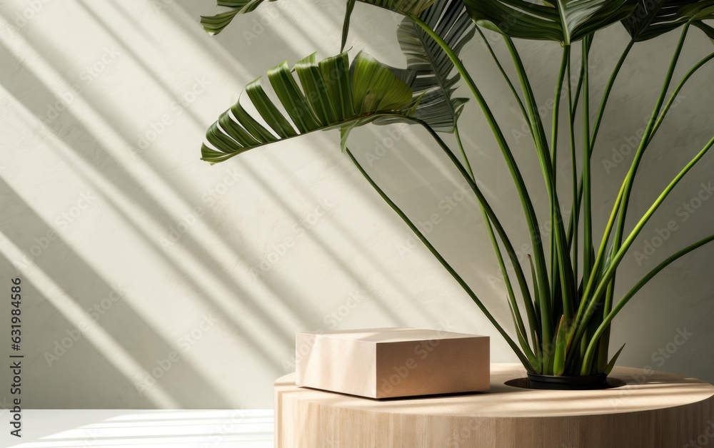 Modern brown geometric shape wooden podium table, pentagon side, green banana tree in sunlight