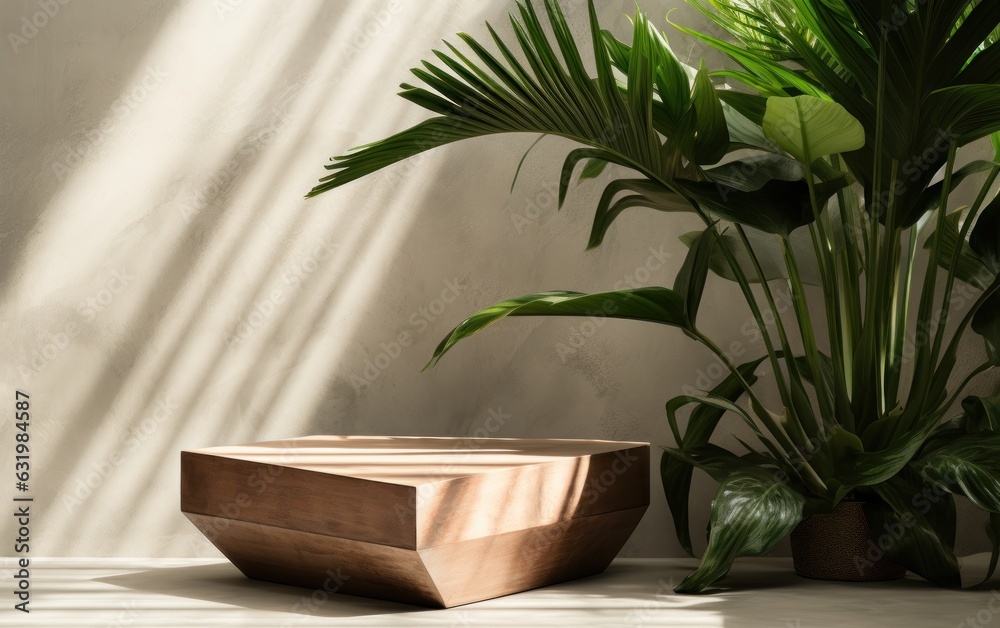 Modern brown geometric shape wooden podium table, pentagon side, green banana tree in sunlight