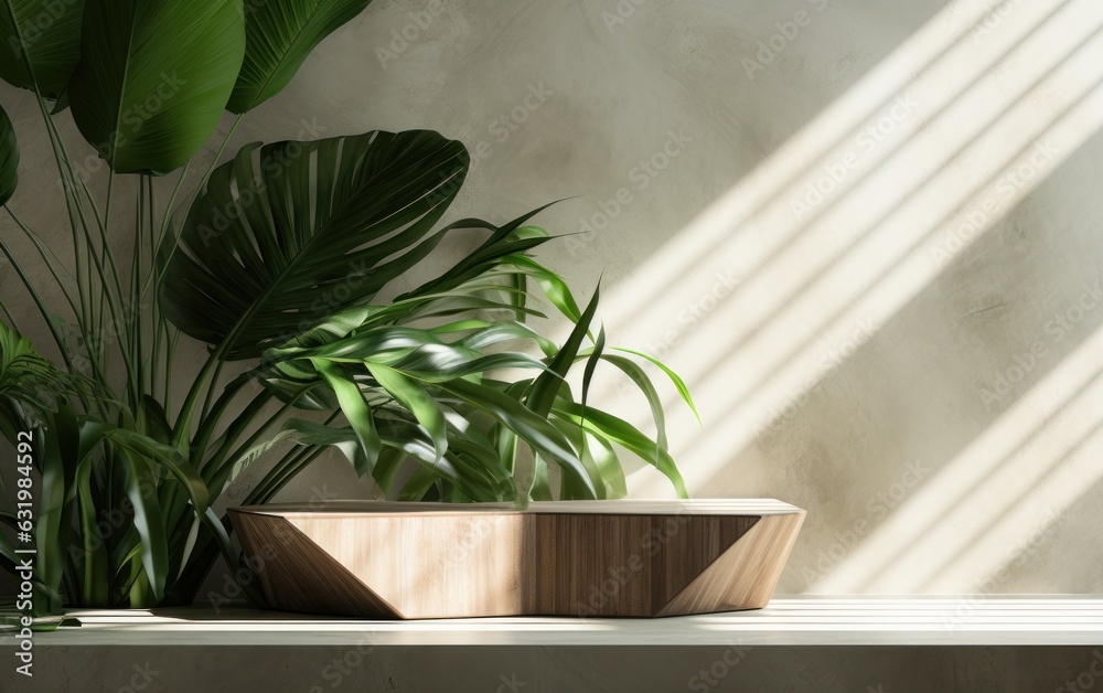 Modern brown geometric shape wooden podium table, pentagon side, green banana tree in sunlight