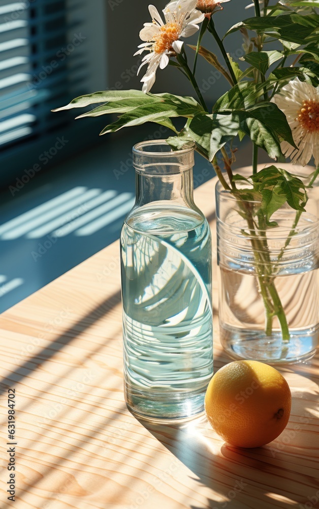 objects and drinks concept - bottle of water and glass on sunny floor.