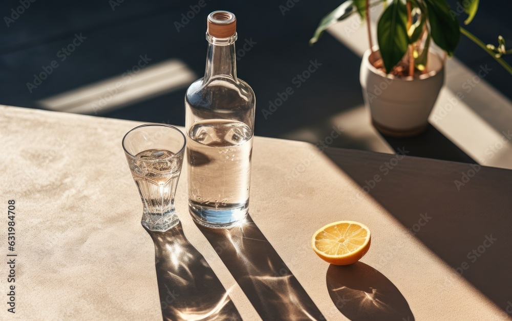 objects and drinks concept - bottle of water and glass on sunny floor.